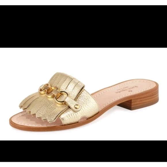 KATE SPADE NEW YORK Brie Fringe Gold Leather Slide Chain Sandals Size 8.5 EUC